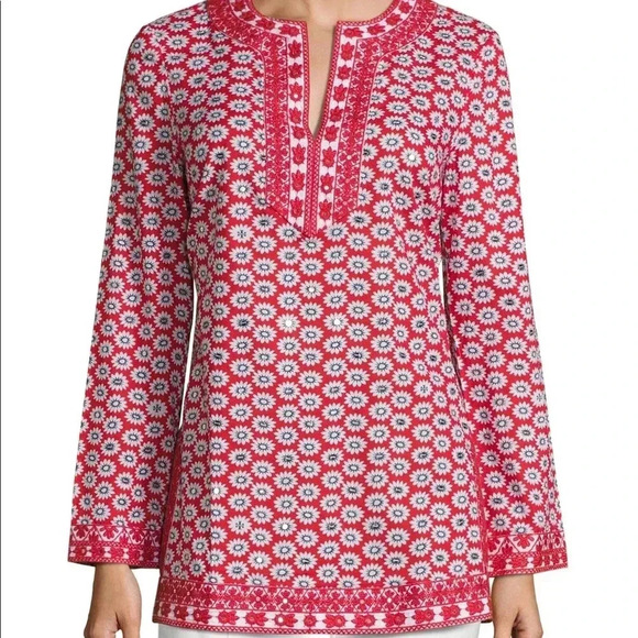TORY BURCH EUC Jayne Mod Flower Print Sequin Tunic Top - Picture 4 of 11